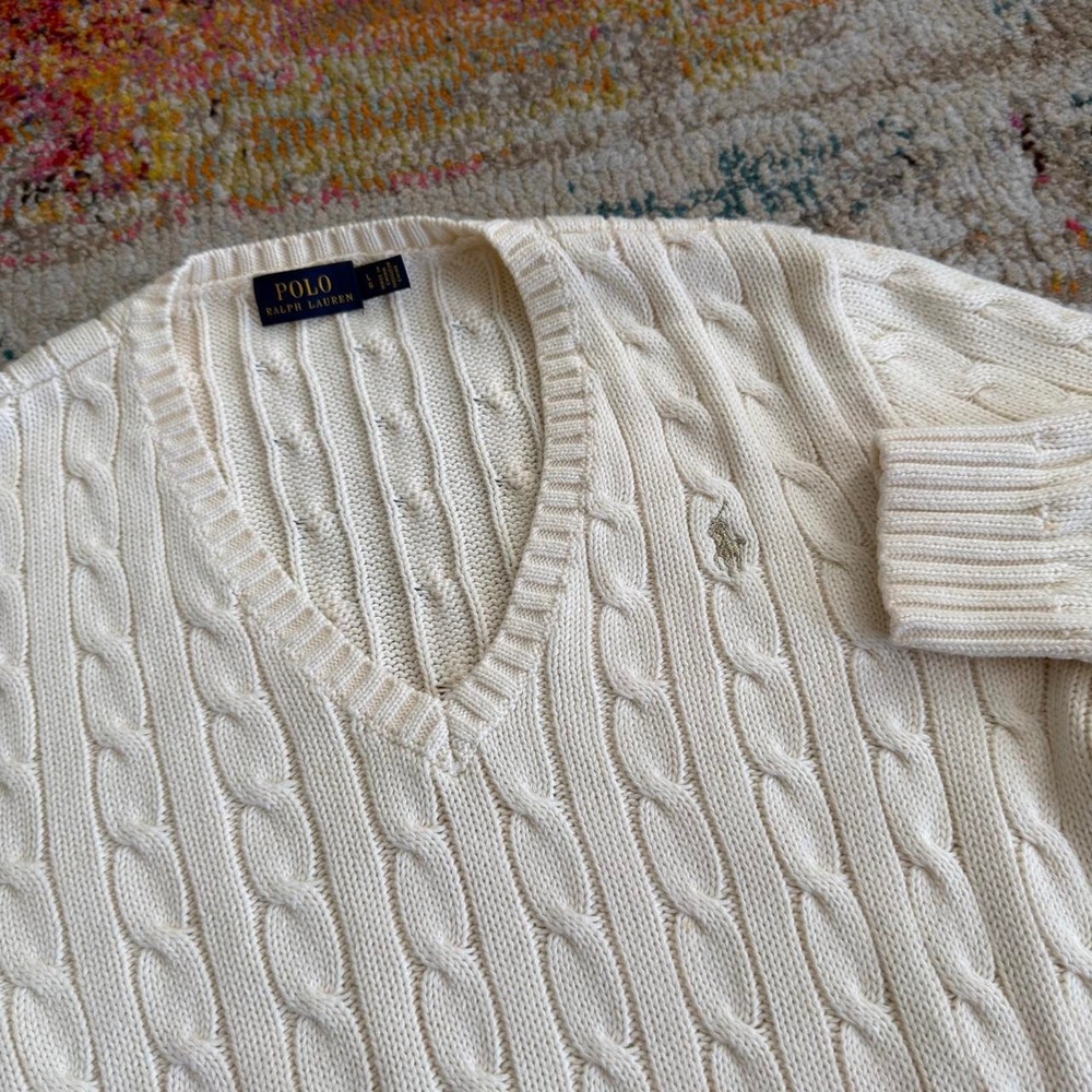 Polo Ralph Lauren Cable Knit V-Neck Sweater Women's Large Cream White